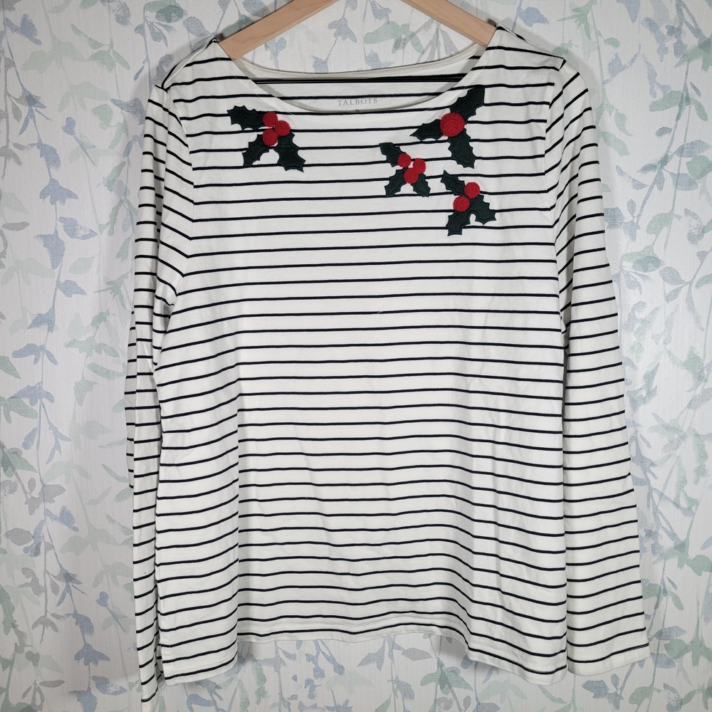 Talbots Black and White Striped Long Sleeve Tee